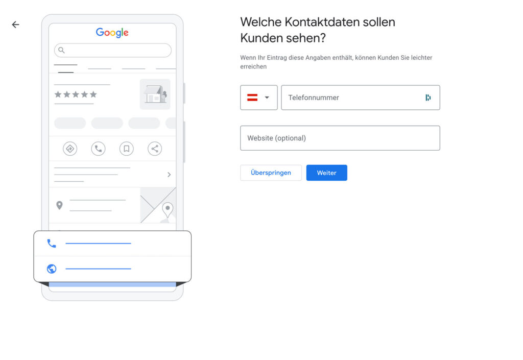 Google My Business einrichten - Telefon und Website